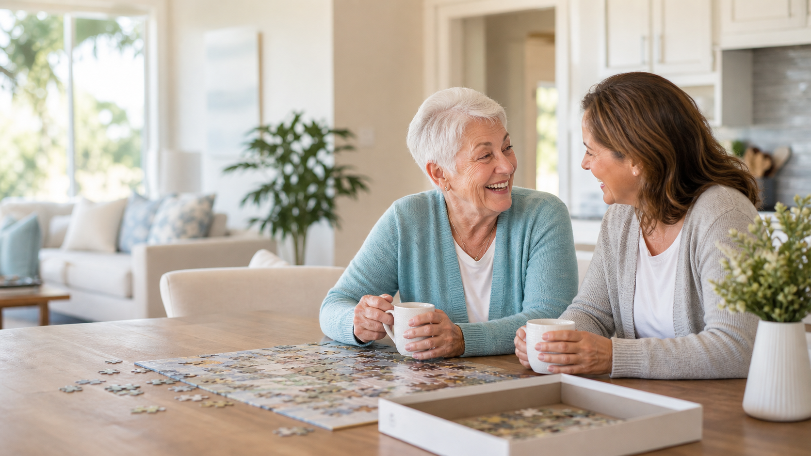 Older adult and companion sharing conversation at home